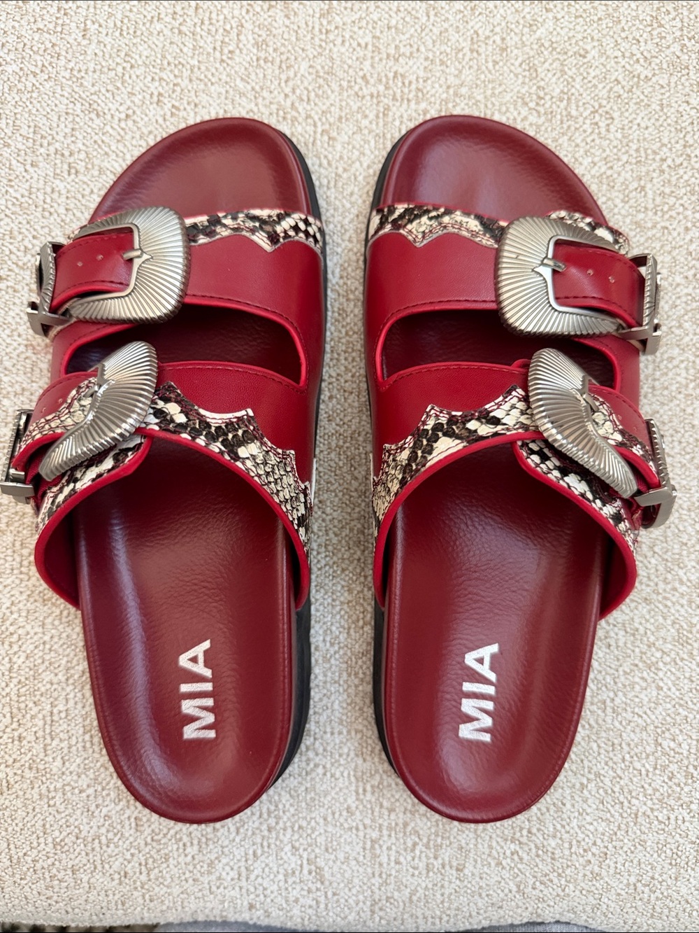 MIA Red Slide Sandals with Snake-Print Trim and Silver Buckles